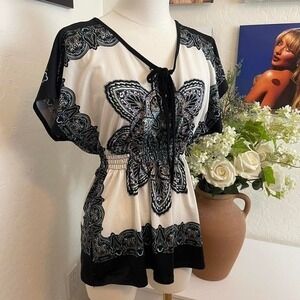 Claudia Richard Butterfly Paisley Tunic Top Womens Black White Vintage Y2K Boho
